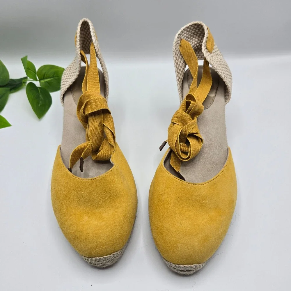 Boden Espadrille Wedge Sandals Yellow Suede Ankle Tie MADE IN Spain WMS 10.5